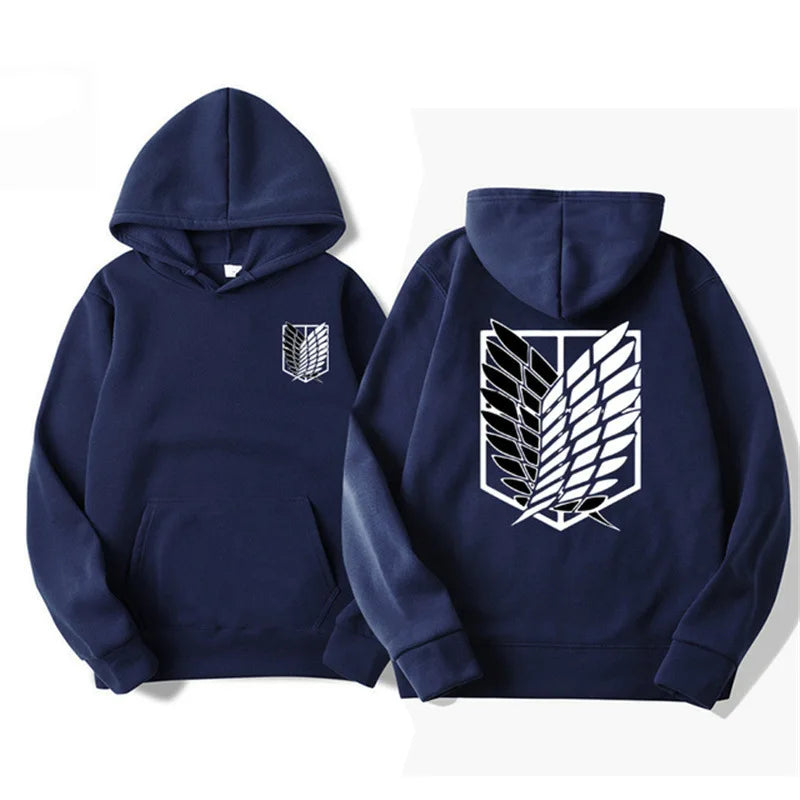 Anime streetwear navy blue hoodie with Attack on Titan Survey Corps wings emblem, Japanese urban fashion pullover.