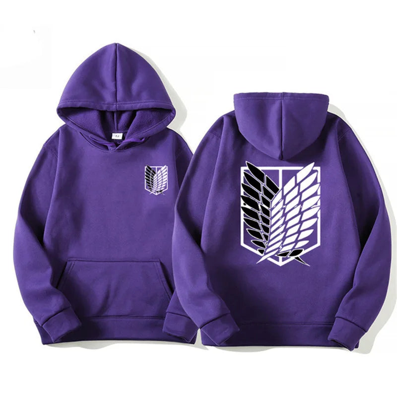 Anime streetwear purple hoodie with Attack on Titan Survey Corps wings emblem, Japanese urban fashion pullover.