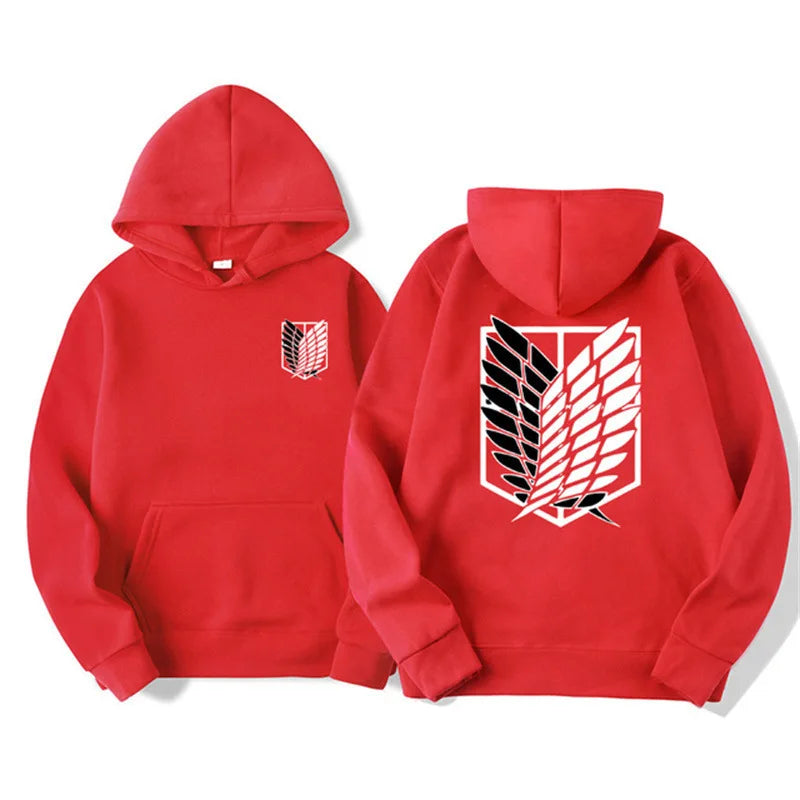 Anime streetwear red hoodie with Attack on Titan Survey Corps wings emblem, Japanese urban fashion pullover.