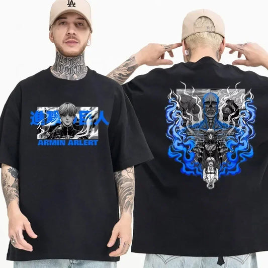 Black oversized Attack on Titan anime streetwear t-shirt featuring Armin Arlert graphic on the front with Japanese text, and bold Colossal Titan design with blue flame accents on the back, Japanese urban fashion style.