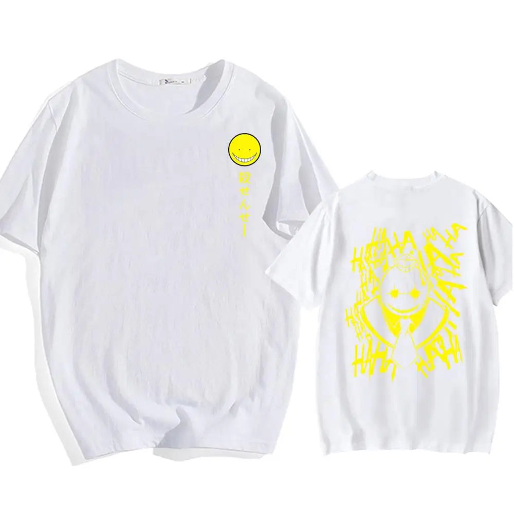 White t-shirt with assassination classroom anime graphic design on a white background.