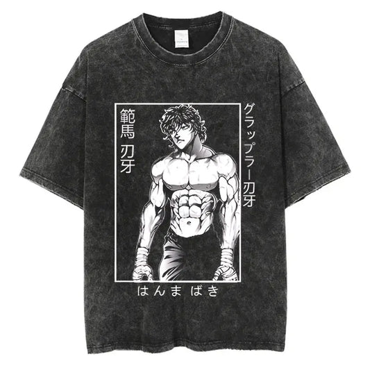 Black t-shirt with graphic design of a muscular character baki hanma and Japanese text on a white background