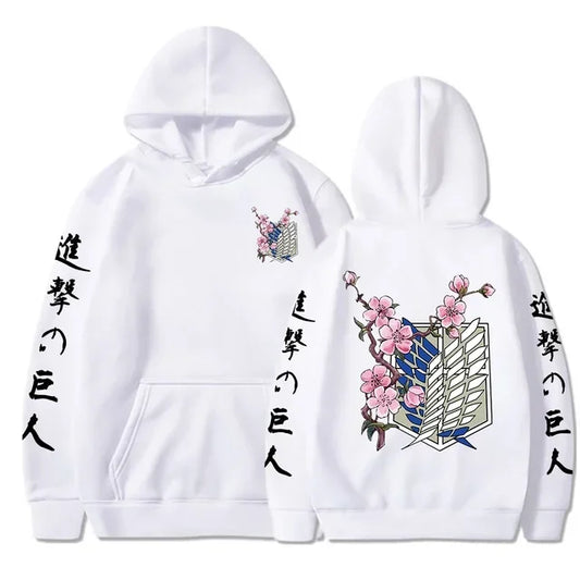 White anime streetwear hoodie with Attack on Titan Survey Corps emblem, cherry blossom design, and Japanese kanji text on sleeves.