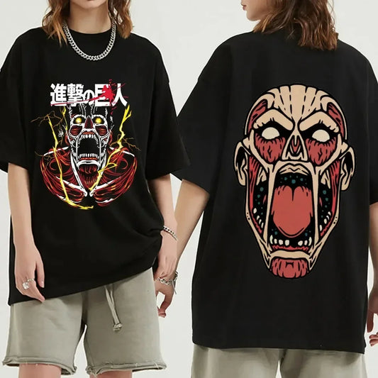 Black oversized Attack on Titan anime streetwear t-shirt with Colossal Titan graphic and lightning design on the front, and large bold Colossal Titan face print on the back, Japanese urban fashion style.