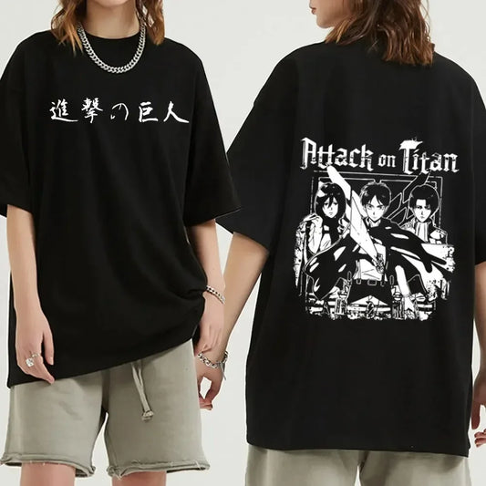 Black oversized Attack on Titan anime streetwear t-shirt with Japanese text on the front and bold graphic print of Eren, Mikasa, and Levi on the back, Japanese urban fashion style.