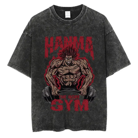 Black t-shirt with a graphic of a muscular figure lifting weights and the text 'Hama Gym' on a white background.