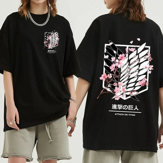 Black oversized Attack on Titan anime streetwear t-shirt with Survey Corps Wings of Freedom emblem and pink cherry blossom design on front and back, Japanese urban fashion style.
