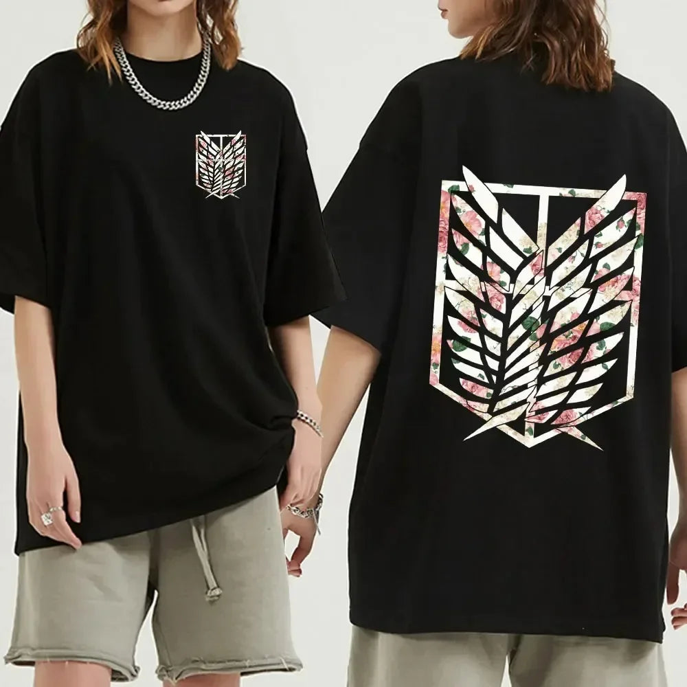 Black oversized Attack on Titan anime streetwear t-shirt with Survey Corps Wings of Freedom emblem and pink cherry blossom design on front and back, Japanese urban fashion style.