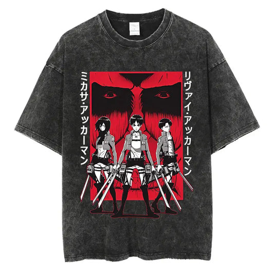 Black washed anime streetwear t-shirt featuring Attack on Titan Mikasa, Levi, and Eren graphic with bold red titan backdrop and Japanese text in urban fashion style.