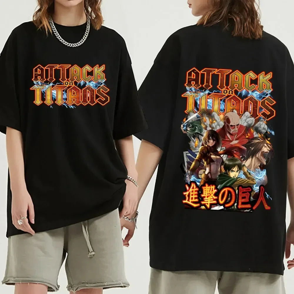 Black oversized Attack on Titan anime streetwear t-shirt with bold retro-style logo on the front and colorful character graphic featuring Mikasa, Levi, Eren, and Colossal Titan on the back, Japanese urban fashion style.