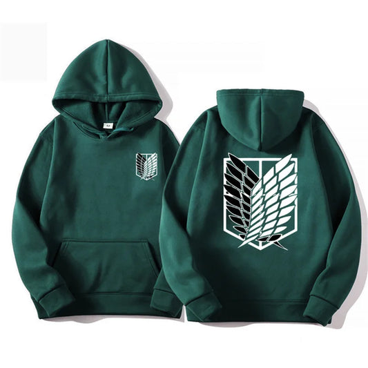 Anime streetwear green hoodie with Attack on Titan Survey Corps wings emblem, Japanese urban fashion pullover.