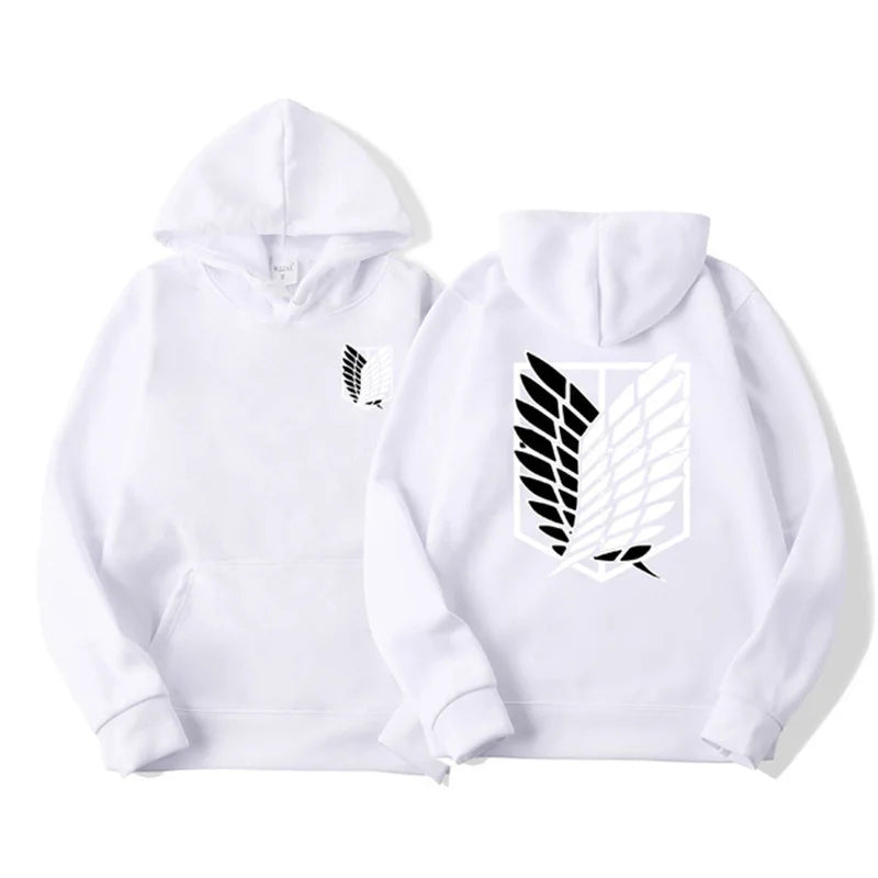 Anime streetwear white hoodie with Attack on Titan Survey Corps wings emblem, Japanese urban fashion pullover.
