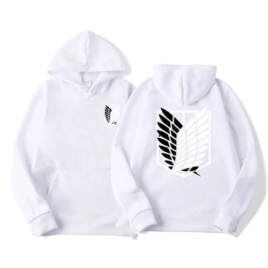 Anime streetwear white hoodie with Attack on Titan Survey Corps wings emblem, Japanese urban fashion pullover.