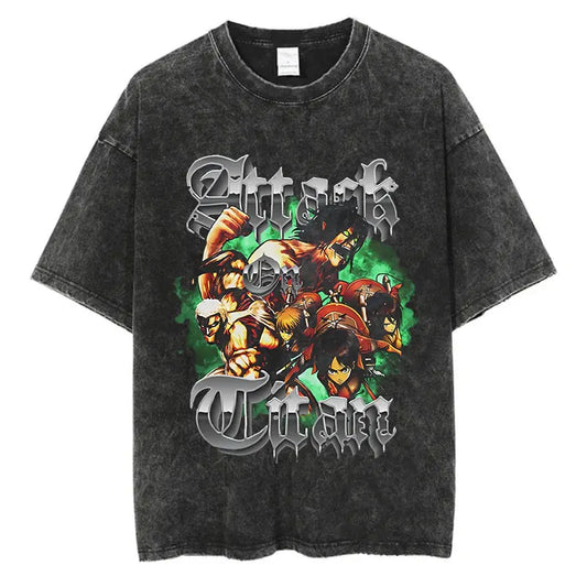 Anime streetwear Attack on Titan graphic t-shirt in black washed urban style with bold Japanese fashion design.