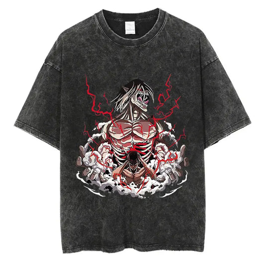 Black washed anime streetwear t-shirt featuring Attack on Titan Eren transformation graphic with electrifying titan design in bold Japanese urban fashion style.