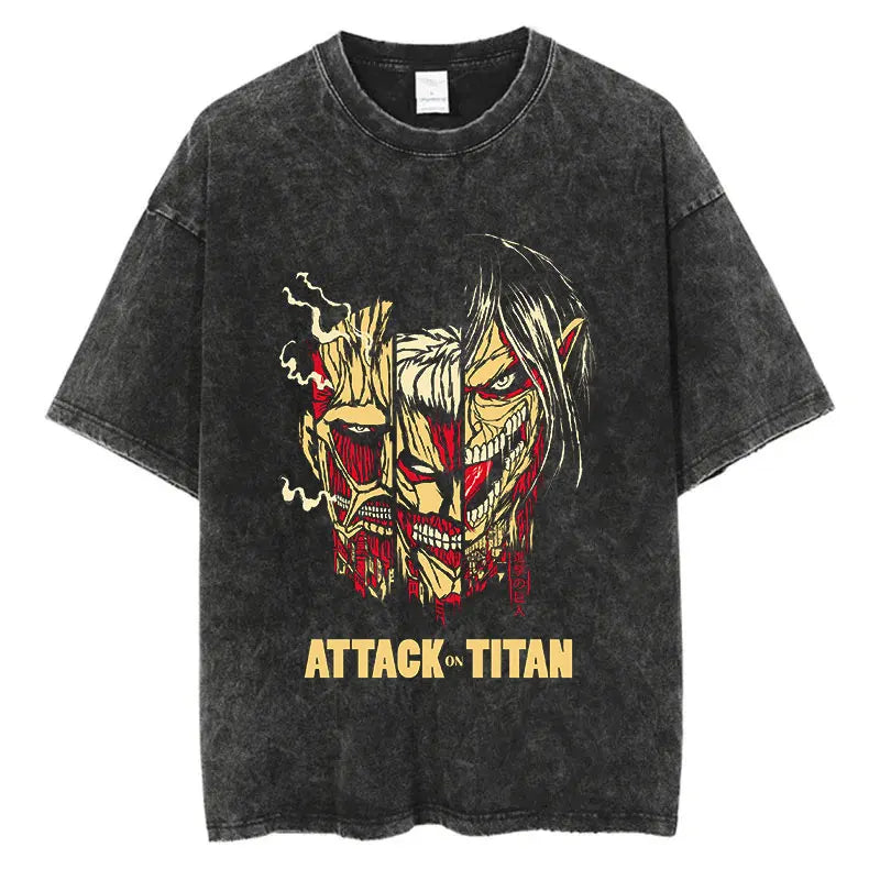 Black washed anime streetwear t-shirt featuring Attack on Titan titans split face graphic with bold lettering in Japanese urban fashion style.