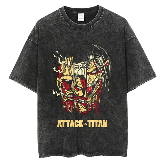 Black washed anime streetwear t-shirt featuring Attack on Titan titans split face graphic with bold lettering in Japanese urban fashion style.