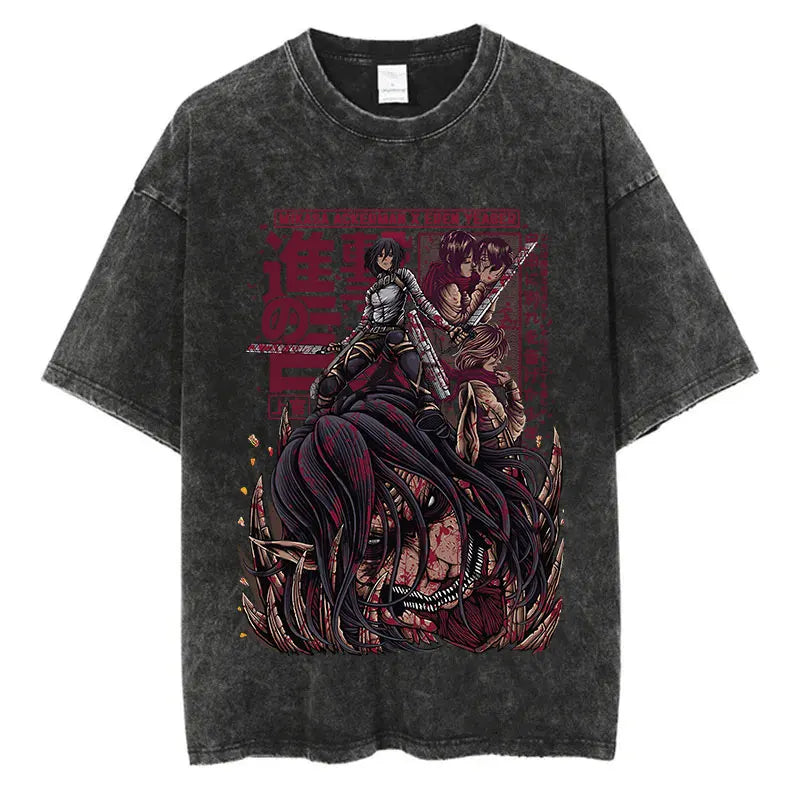 Black washed anime streetwear t-shirt featuring Attack on Titan Mikasa, Eren, and Armin graphic with bold red Japanese text in urban fashion style.