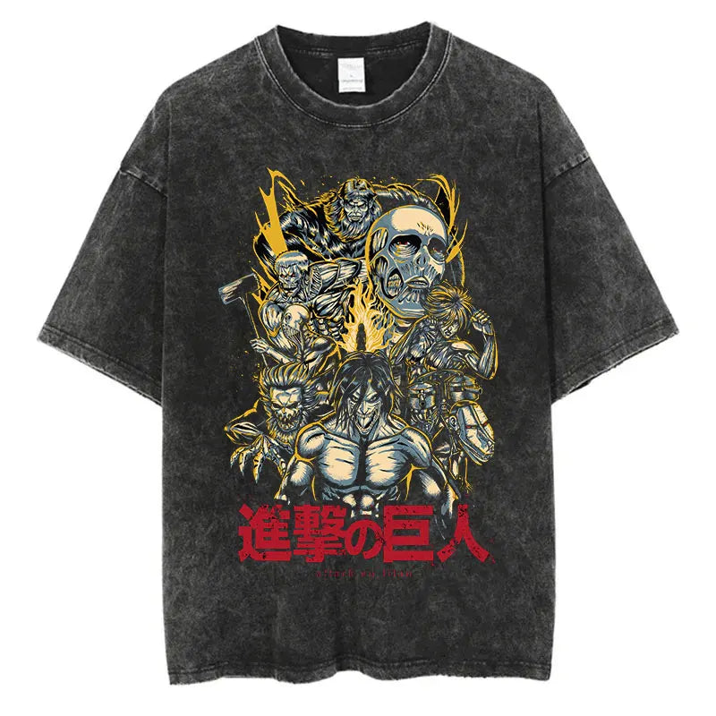 Black washed anime streetwear t-shirt featuring Attack on Titan characters and titans graphic with bold red Japanese text in urban fashion style.