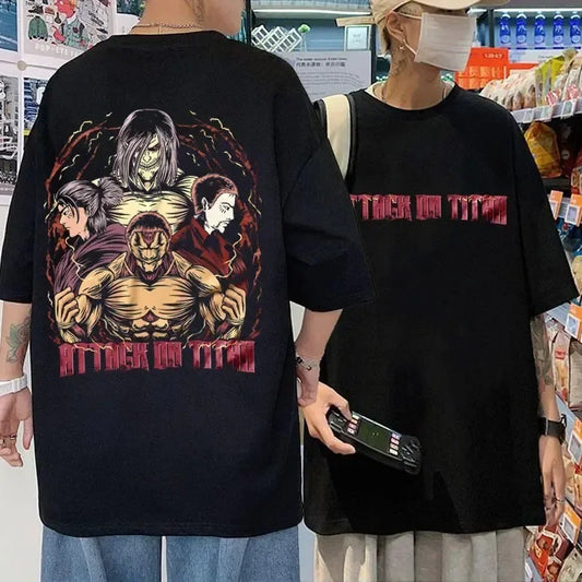 Black oversized Attack on Titan anime streetwear t-shirt with metallic logo on the front and bold graphic of Armored Titan, Beast Titan, and warriors on the back, Japanese urban fashion style.