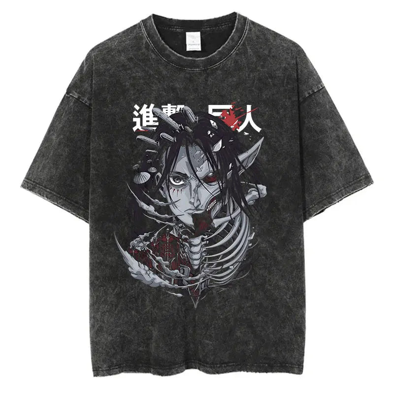 Black washed anime streetwear t-shirt featuring dark Attack on Titan Eren titan form graphic with Japanese text in bold urban fashion style.