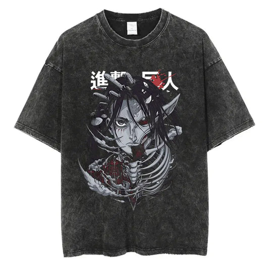Black washed anime streetwear t-shirt featuring dark Attack on Titan Eren titan form graphic with Japanese text in bold urban fashion style.