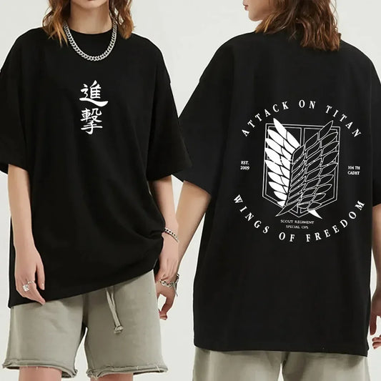 Black oversized Attack on Titan anime streetwear t-shirt with Japanese text on the front and Survey Corps Wings of Freedom emblem with bold typography on the back, Japanese urban fashion style.