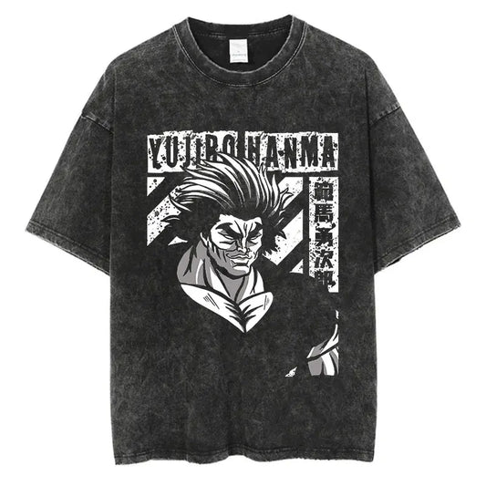 Black t-shirt with graphic design of baki hanma yujiro and text on a white background